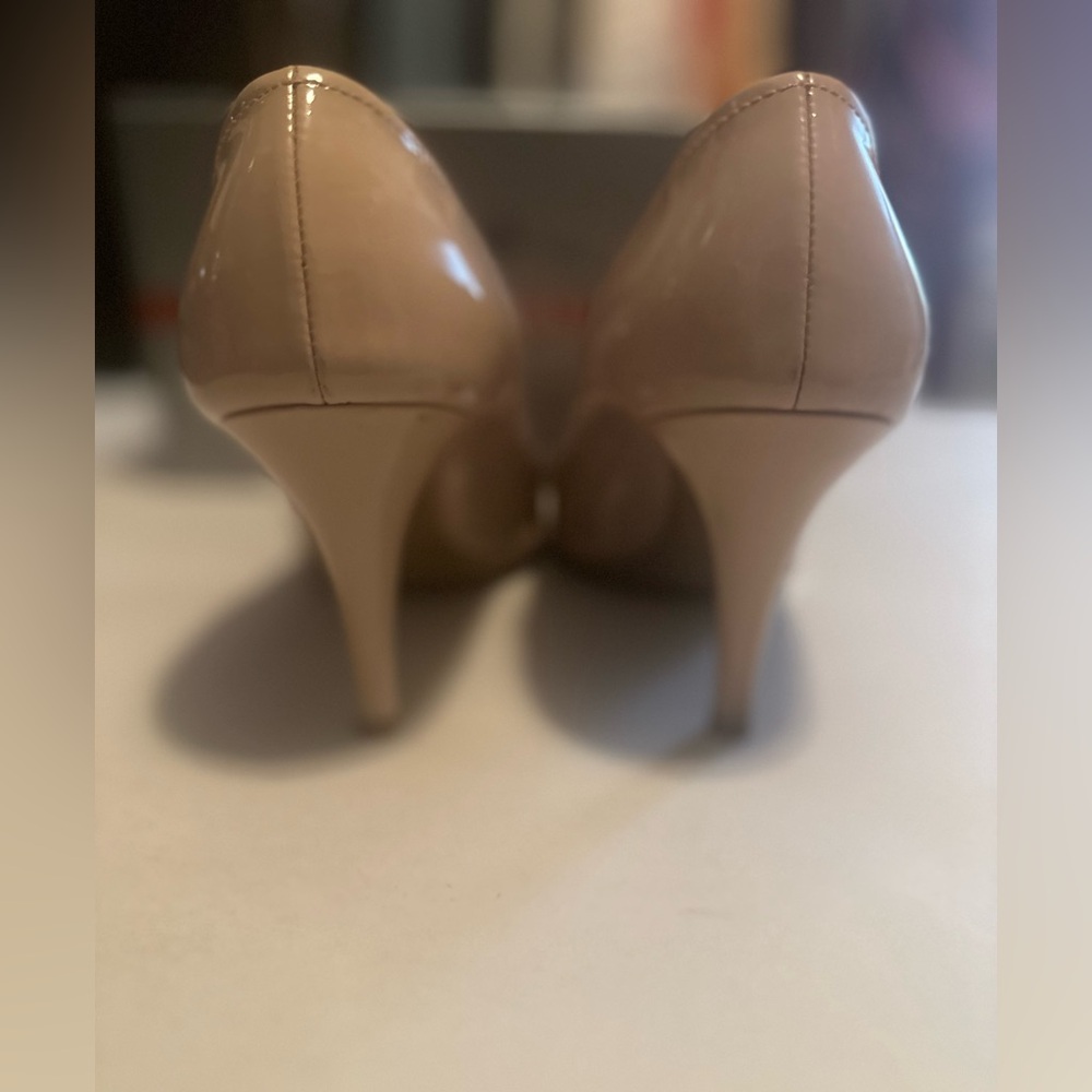 Prada Nude Patent Leather Peep-Toe Pumps - Picture 4 of 11